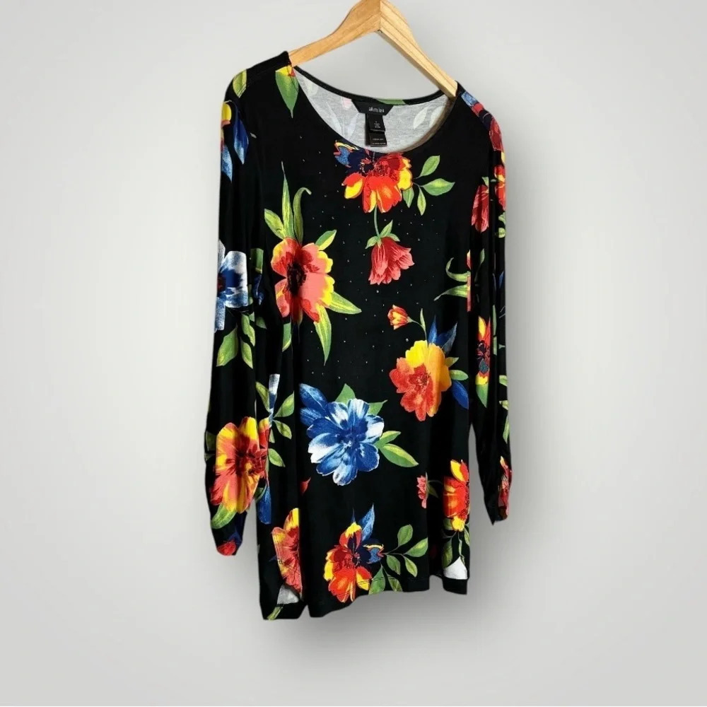 Ali Miles | Knit Tropical Floral Print Tunic Round Neck High Low Hem - Picture 5 of 9